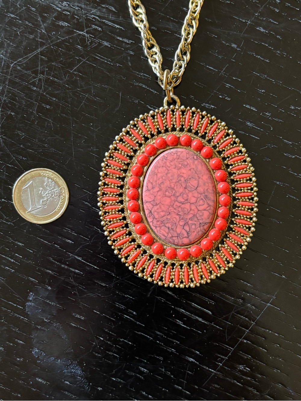 Vintage 60s hippie mod 30” chain necklace with huge psychedelic pendant